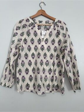 J. Crew Ivory Popover Blouse with Lavender and Green Floral Print